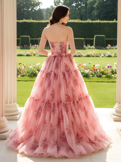 Strapless Floral Print Ruched Sweep Train Dress As Picture