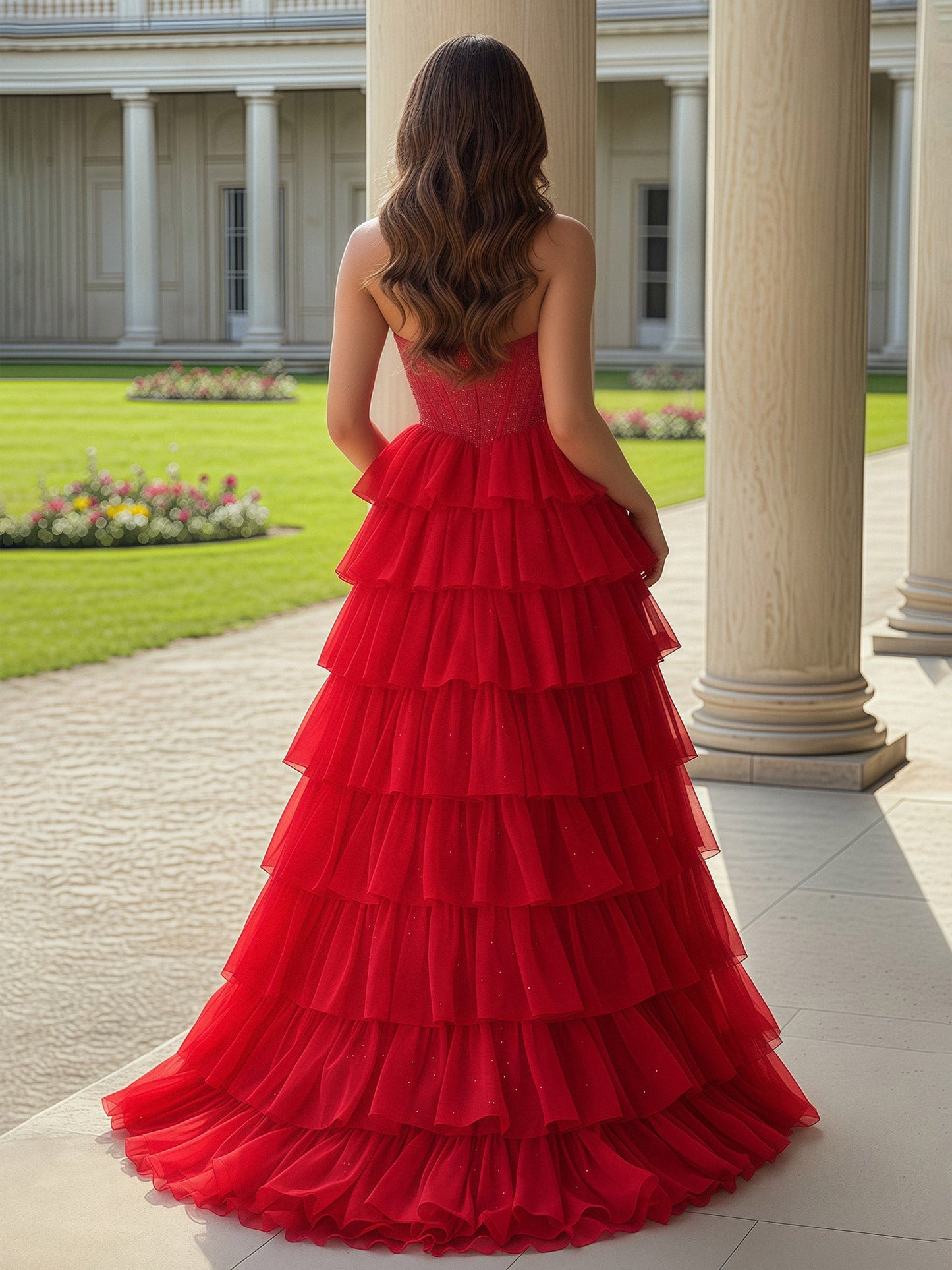 Strapless Beaded Corset Tiered Dress With Slit Red