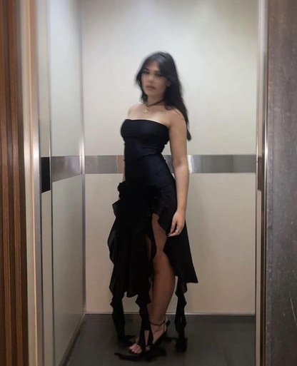Sexy Black Strapless Black Slit Prom Dress Ruffles Party Dress With Floral cc1856