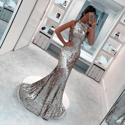Silver Sequins Halter Long Mermaid Evening Gowns - RongMoon