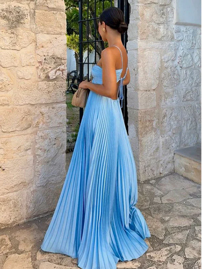 Sexy Halter Satin Pleated A Line Party Dress,Blue Backless Prom Evening Dress  cc2557