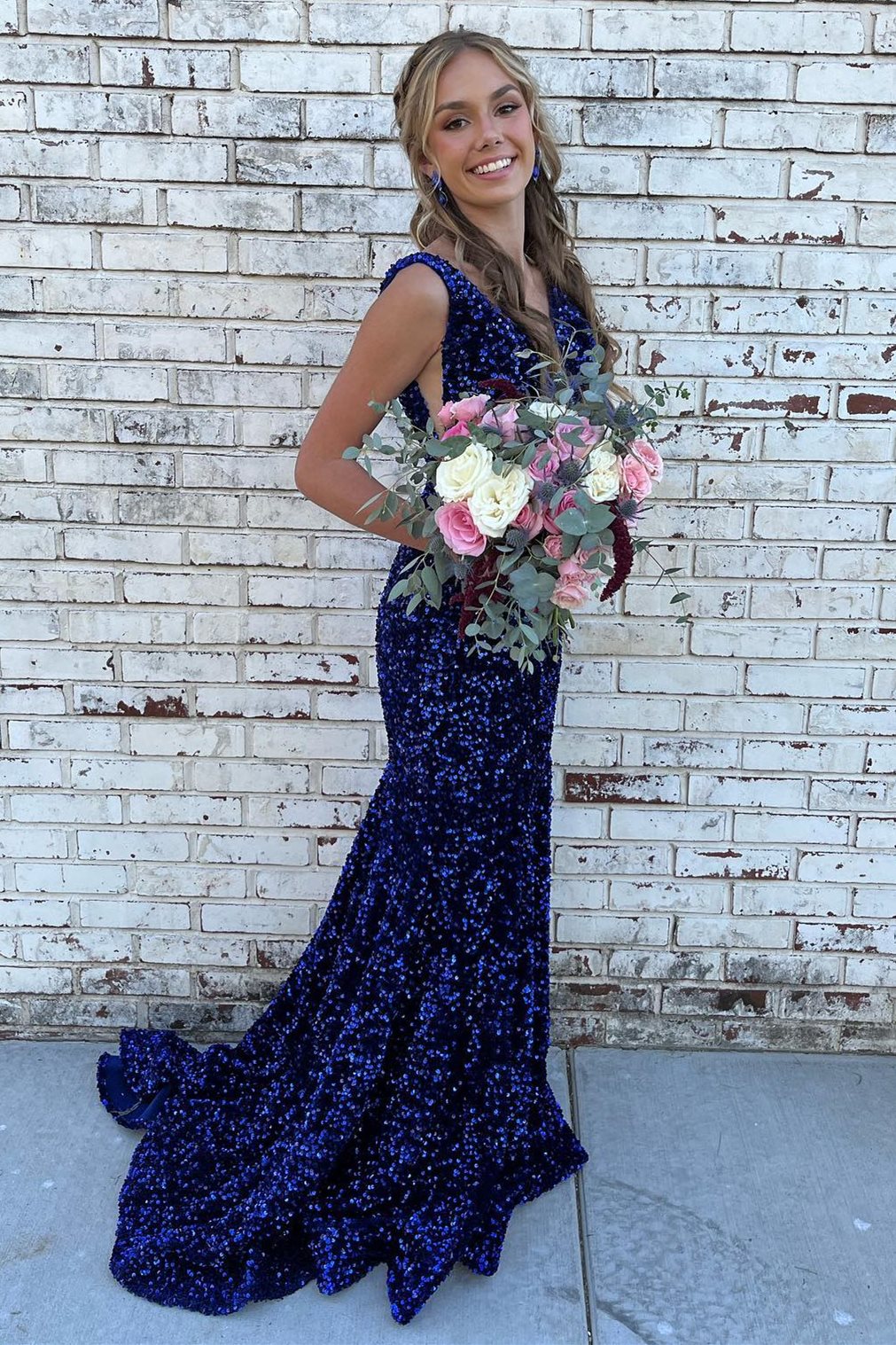 Glitter Plunge Pink Sequin Trumpet Long Formal Dress