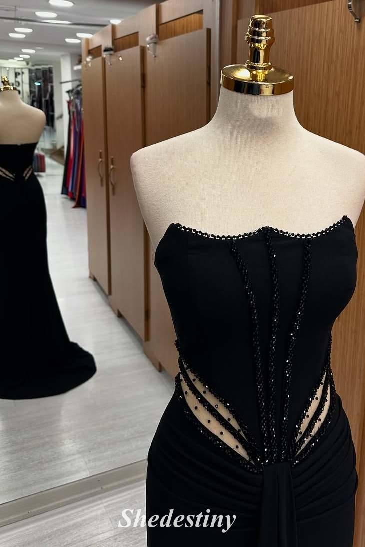 Mermaid Strapless Black Cutout Prom Dress with Rhinestone