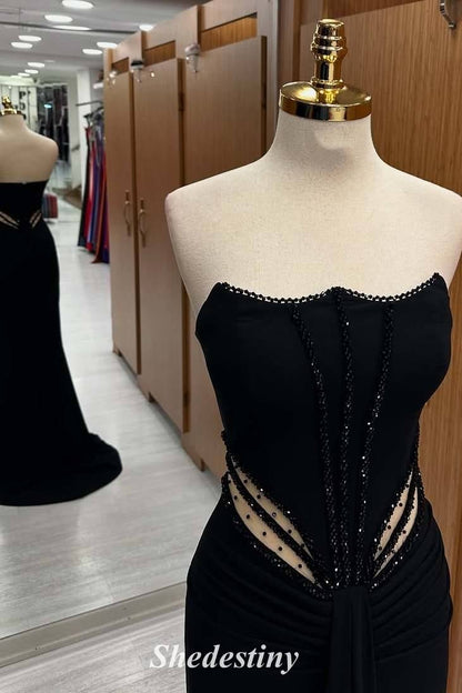 Mermaid Strapless Black Cutout Prom Dress with Rhinestone