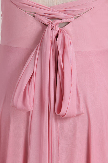 Pink Lace-Up Back Long Bridesmaid Dress