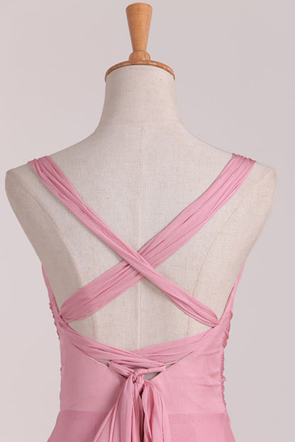 Pink Lace-Up Back Long Bridesmaid Dress