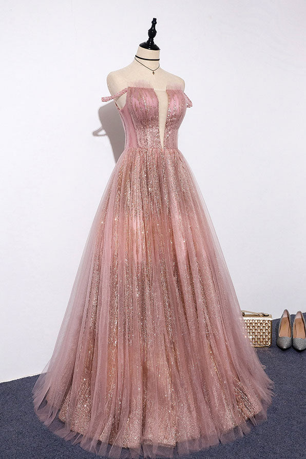 Pink tulle lace long prom dress pink tulle formal dress