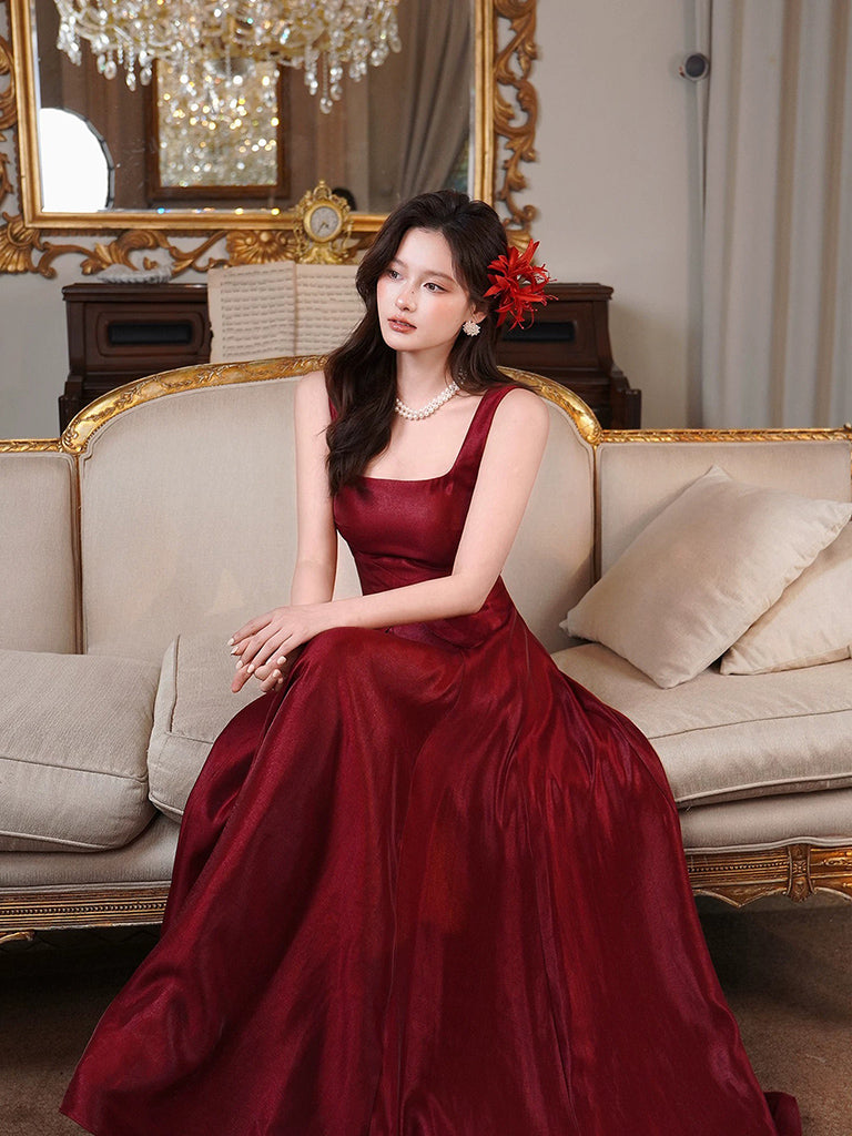 A-Line Satin Burgundy Long Prom Dress, Burgundy Long Evening Dress