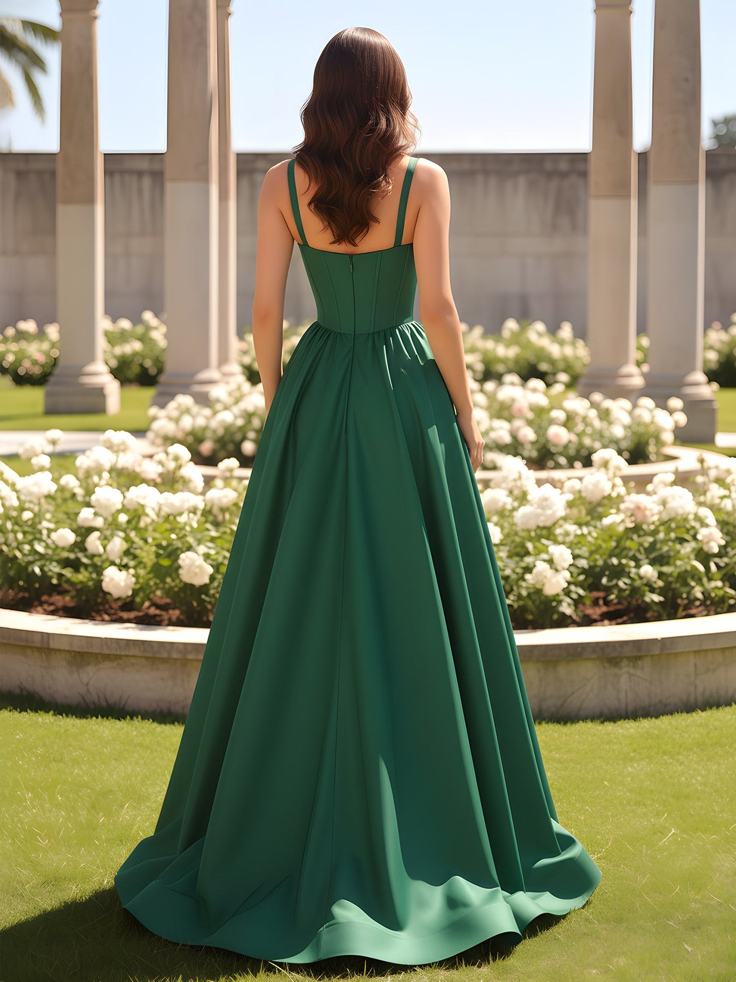 Sweetheart Cutout A-Line Ruched Dress With Slit Dark Green