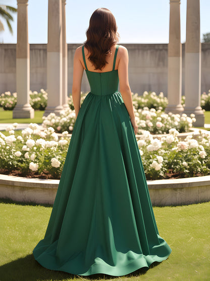 Sweetheart Cutout A-Line Ruched Dress With Slit Dark Green
