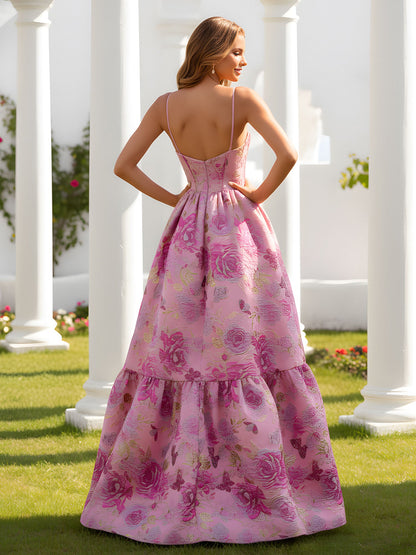 A-Line Spaghetti Straps Floral Long Dress With Slit As Picture