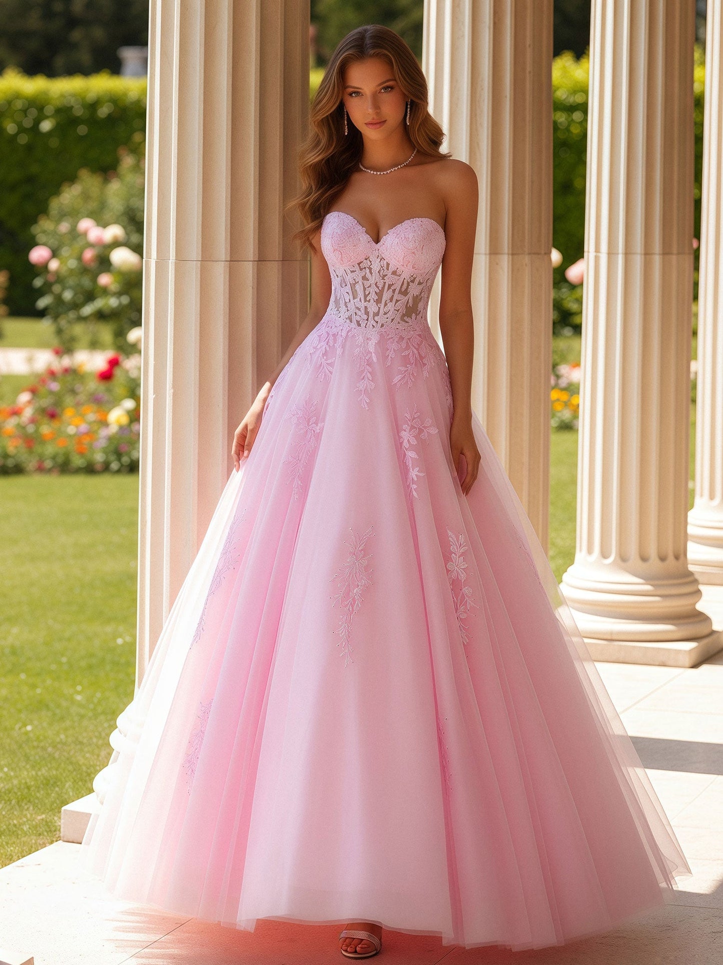 Lace Sweetheart Sheer Corset Applique Tulle Dress Candy Pink