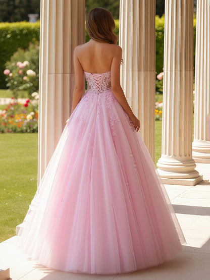 Lace Sweetheart Sheer Corset Applique Tulle Dress Candy Pink