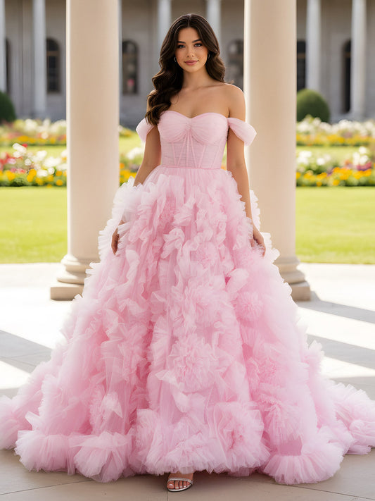 Sweetheart Off-the-shoulder Ruffle Ball Gown Sweep Train Blushing Pink