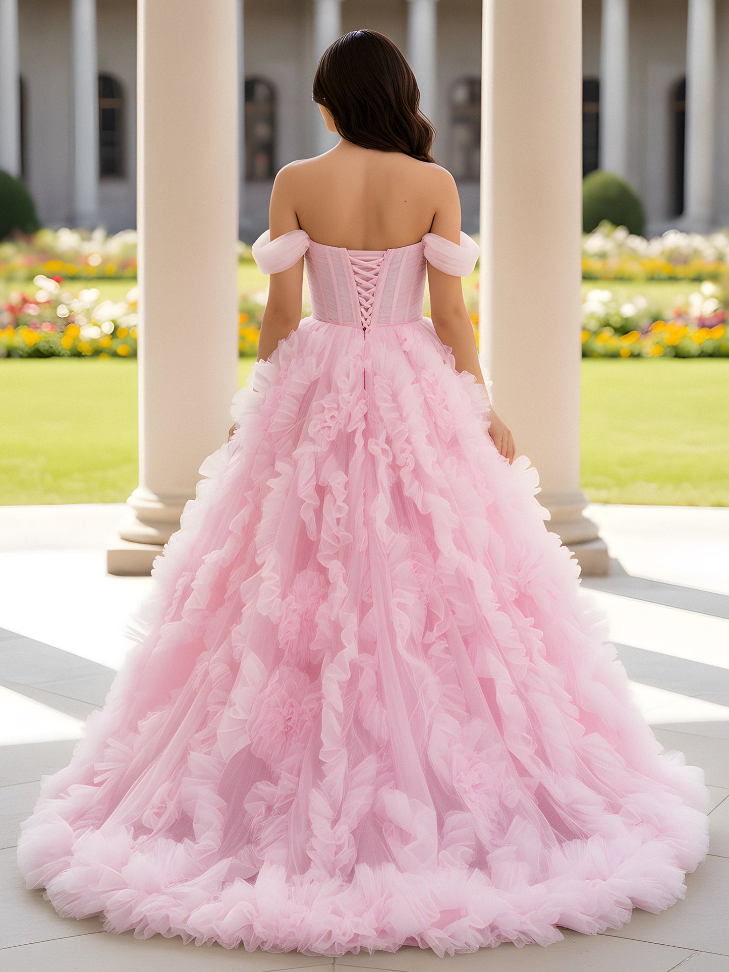 Sweetheart Off-the-shoulder Ruffle Ball Gown Sweep Train Blushing Pink