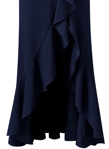 Dark Blue Womens Formal Spaghetti Strap Ruffles Split Mermaid Evening Prom Maxi Dress