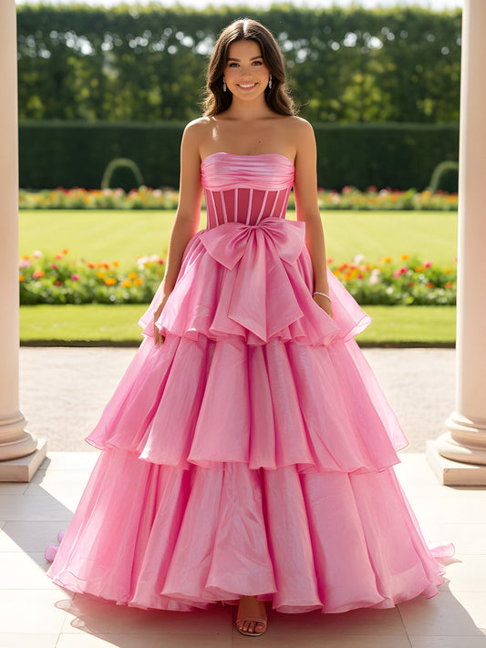 Ruched Strapless Tiered Ball Gown With Bowknots Pink