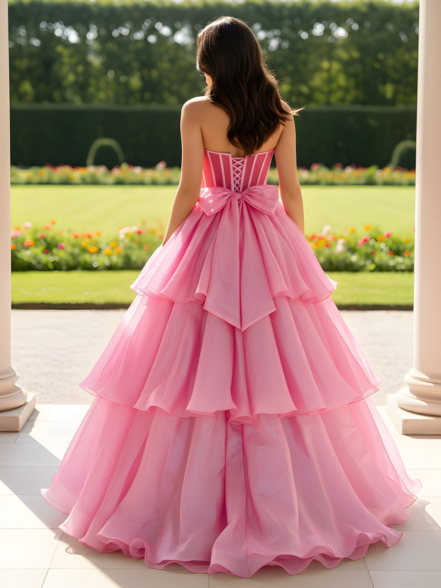 Ruched Strapless Tiered Ball Gown With Bowknots Pink