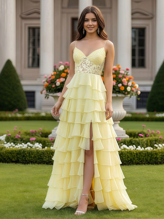 A-Line Lace V-neck Tiered Chiffon Dress With Slit Daffodil