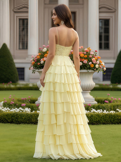 A-Line Lace V-neck Tiered Chiffon Dress With Slit Daffodil