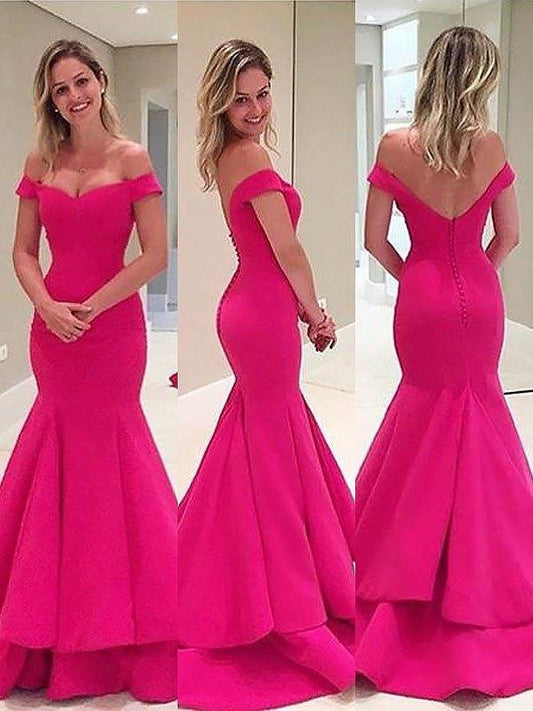 Trumpet/Mermaid Sleeveless Off-the-Shoulder Satin Layers Sweep/Brush Train Dresses - RongMoon