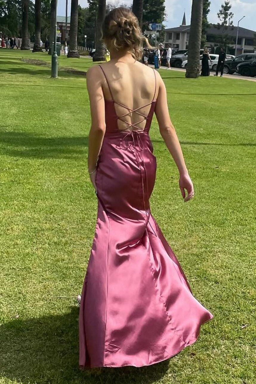 Teal Green Cowl Neck Ruched Lace-Up Long Prom Dress with Slit