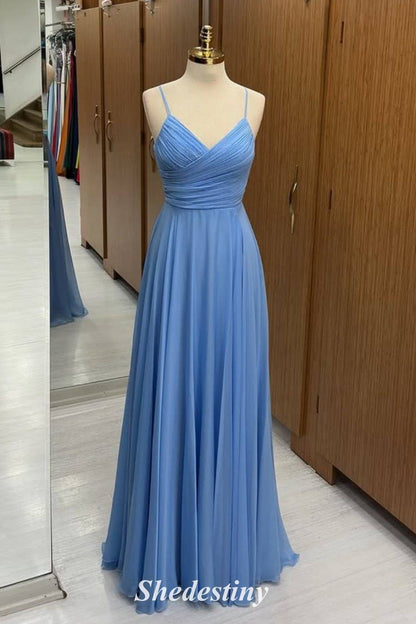 Spaghetti Straps Dusty Blue Pleated Surplice Corset A-Line Prom Dress