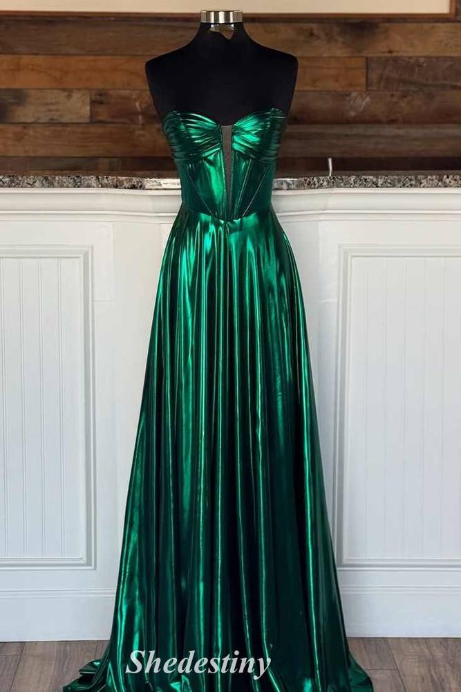 Metallic Plunging V-Neck Green Empire-Waist A-Line Prom Dress