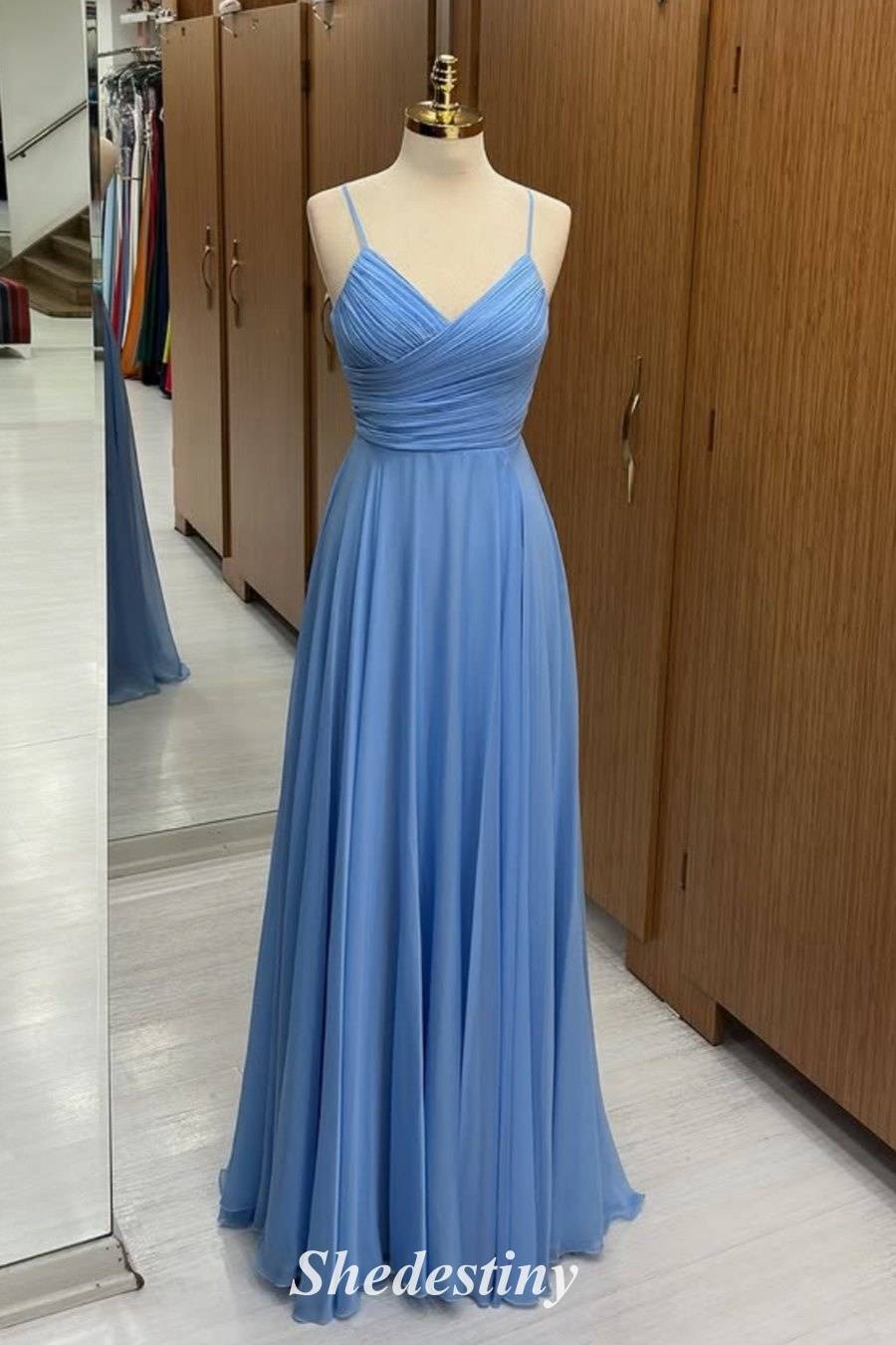 Spaghetti Straps Dusty Blue Pleated Surplice Corset A-Line Prom Dress