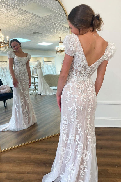 Ivory Square Neck Puff Sleeves Appliques Tulle Long Prom Dress
