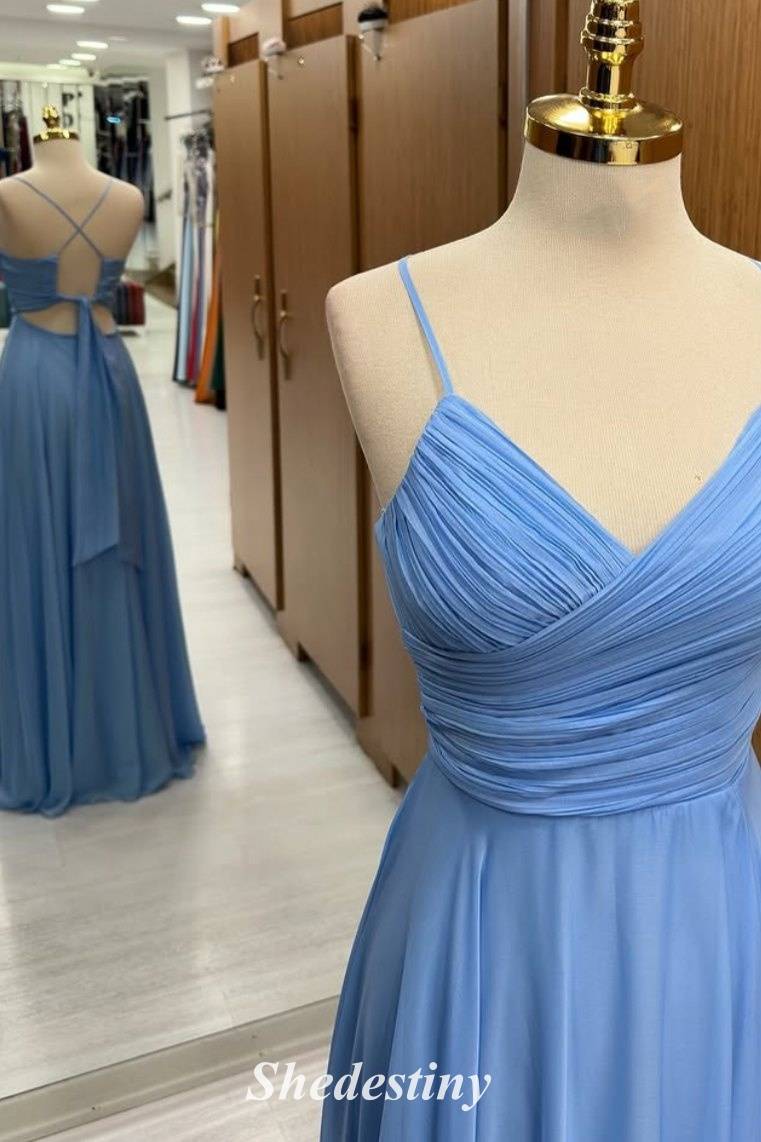 Spaghetti Straps Dusty Blue Pleated Surplice Corset A-Line Prom Dress