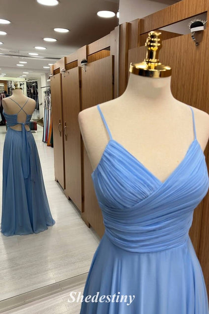 Spaghetti Straps Dusty Blue Pleated Surplice Corset A-Line Prom Dress