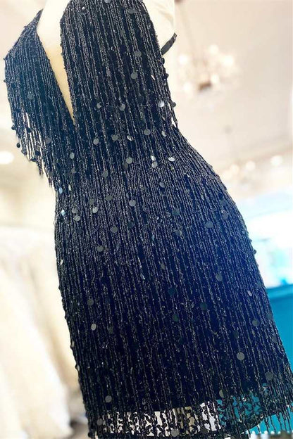 Black Fringes Halter Backless Short Party Dress