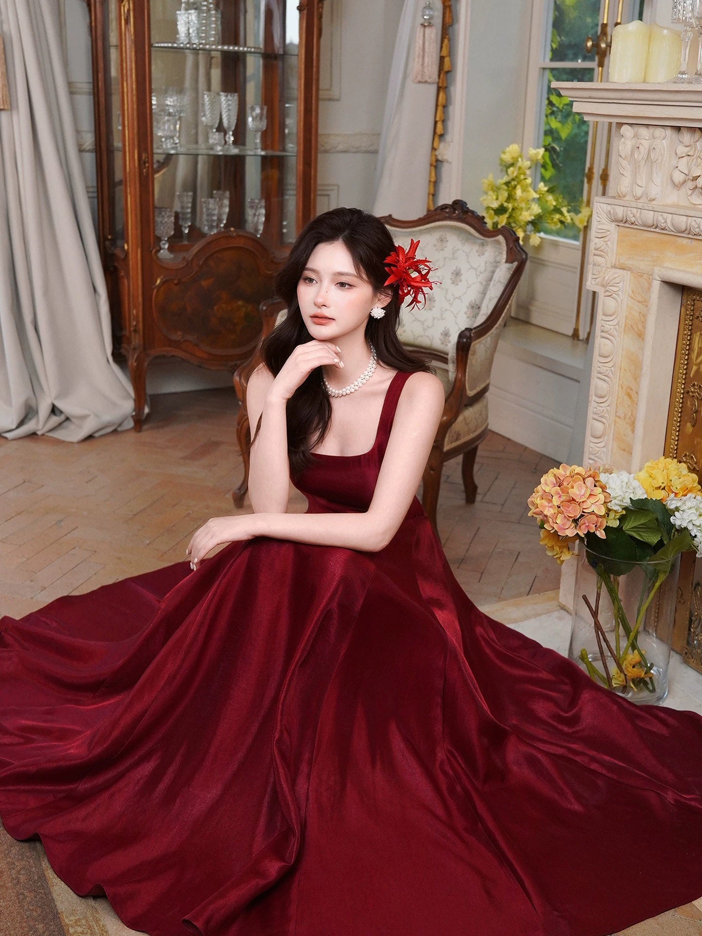 A-Line Satin Burgundy Long Prom Dress, Burgundy Long Evening Dress