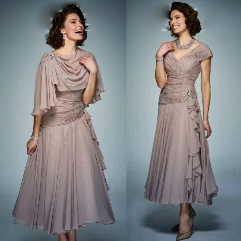 Tea Length Mother Of The Bride Dresses A-line Off The Shoulder Chiffon Beaded Plus Size Long Groom Mother Dresses Wedding - RongMoon