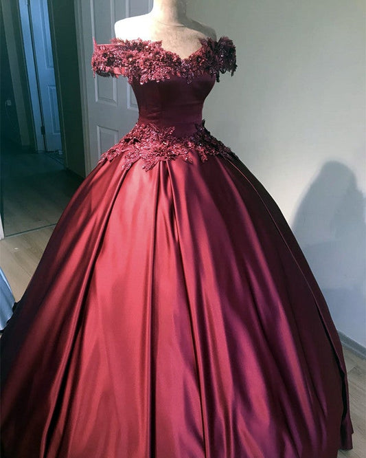 3D Flowers Off Shoulder Ball Gown Satin Dresses