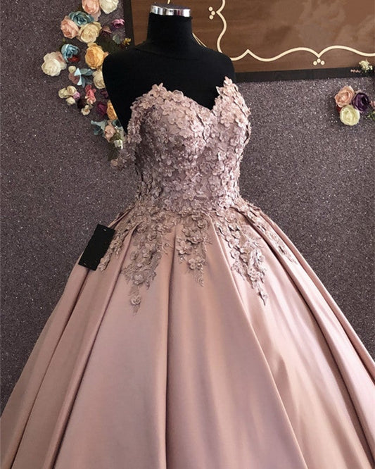 3D Lace Flowers Embroidery Sweetheart Satin Wedding Dresses Ballgown