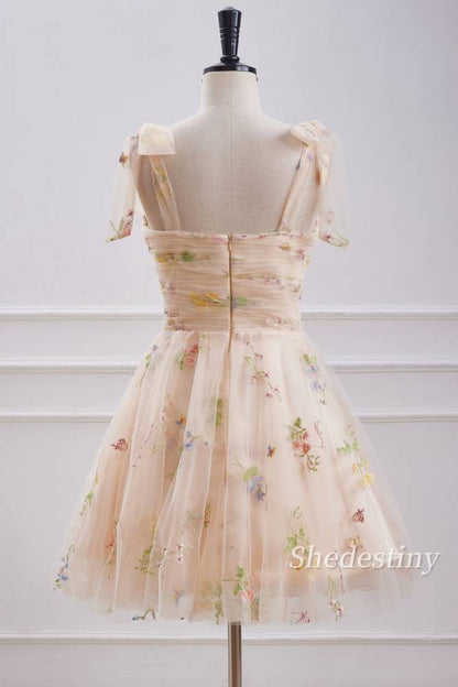 Floral Print Sweetheart Champagne Homecoming Dress