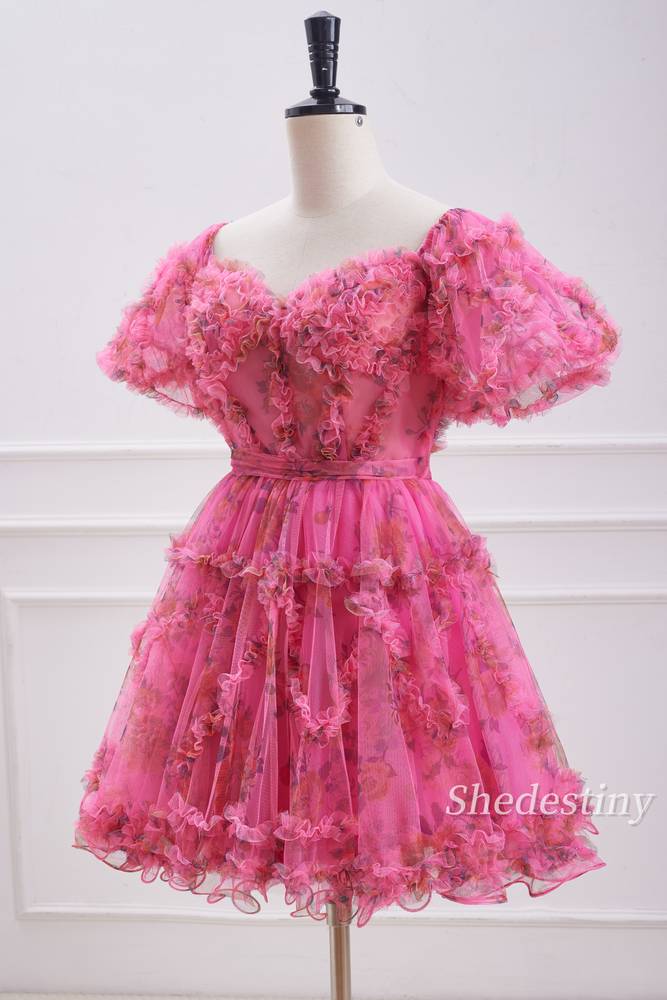 Fuchsia Floral Print A-Line Homecoming Dress with Ruffle