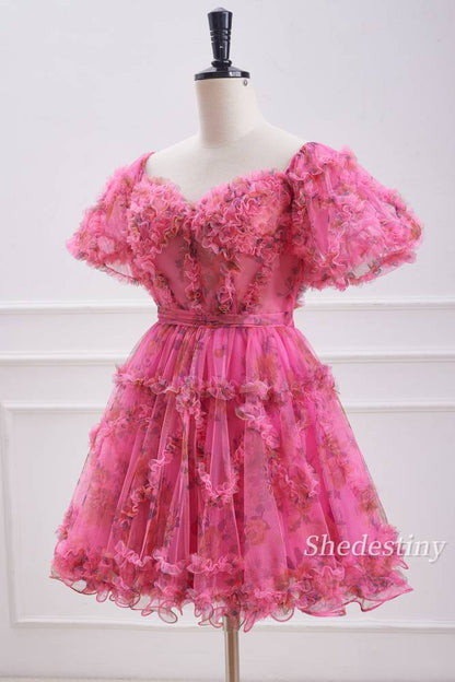 Fuchsia Floral Print A-Line Homecoming Dress with Ruffle