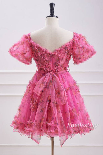 Fuchsia Floral Print A-Line Homecoming Dress with Ruffle