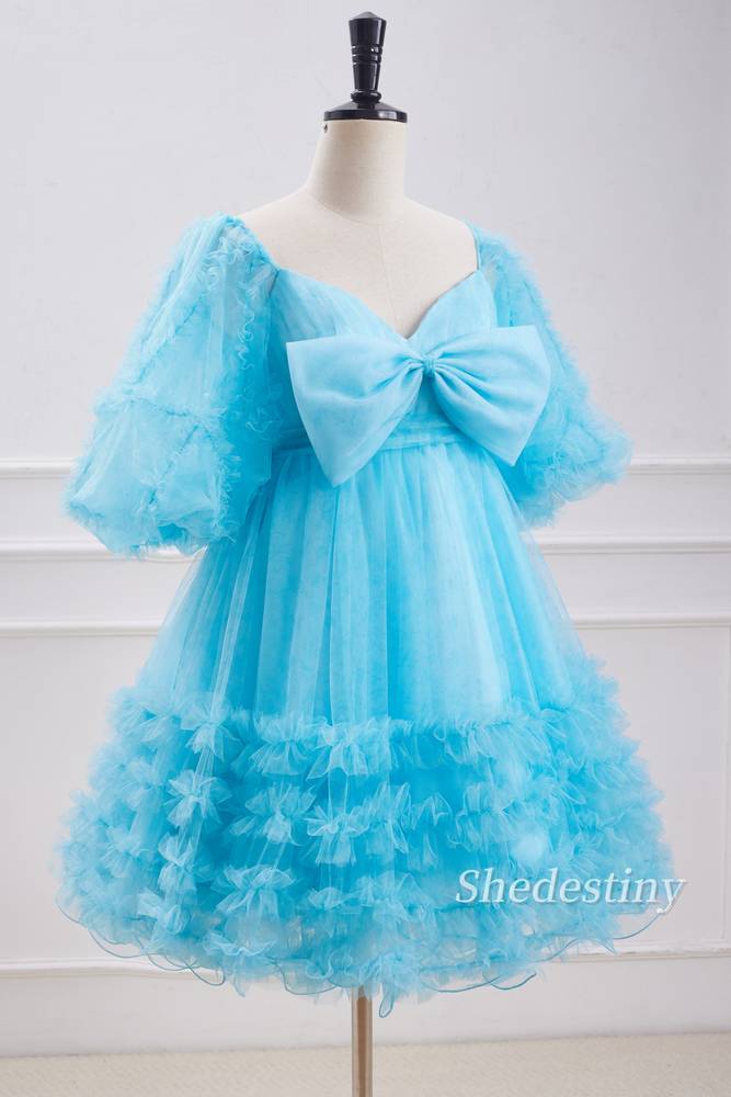 Puff Sleeves A-Line Ruffle Ice Blue Homecoming Dress