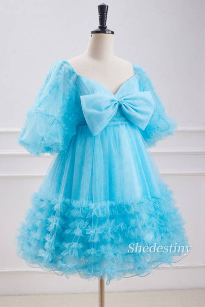 Puff Sleeves A-Line Ruffle Ice Blue Homecoming Dress