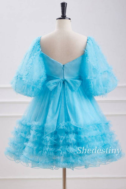 Puff Sleeves A-Line Ruffle Ice Blue Homecoming Dress