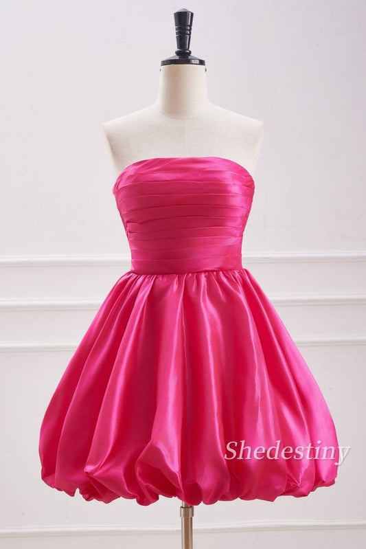 Strapless A-Line Pleat Fuchsia Homecoming Dress