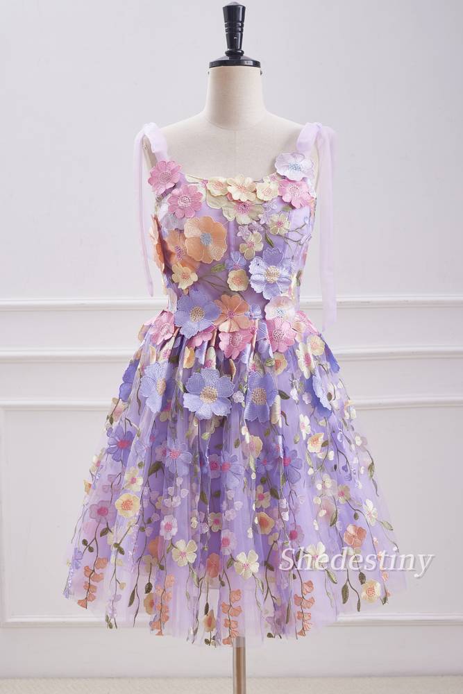 Lavender 3D Flower Print A-Line Lace Formal Dress