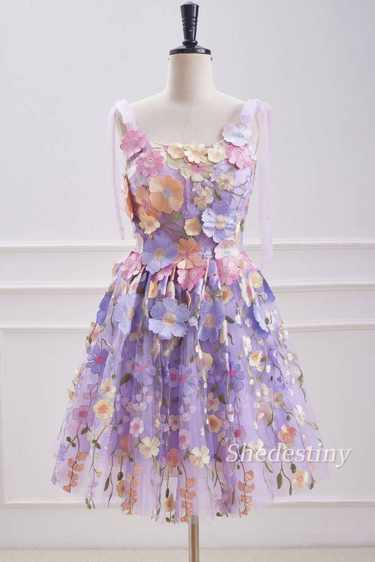 Lavender 3D Flower Print A-Line Lace Formal Dress