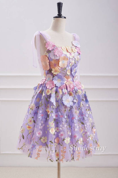 Lavender 3D Flower Print A-Line Lace Formal Dress