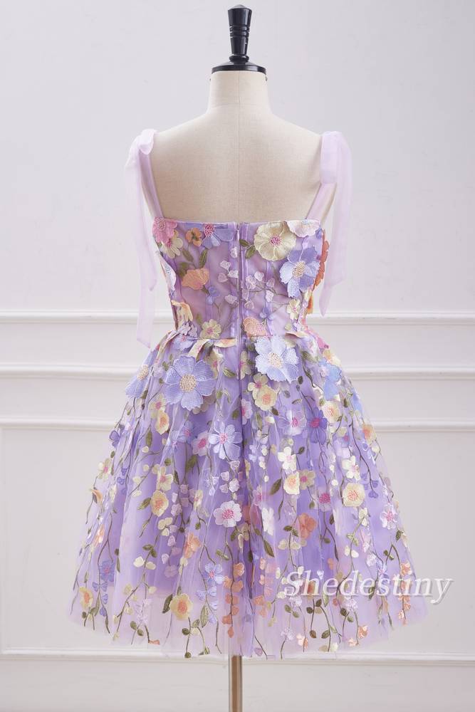 Lavender 3D Flower Print A-Line Lace Formal Dress