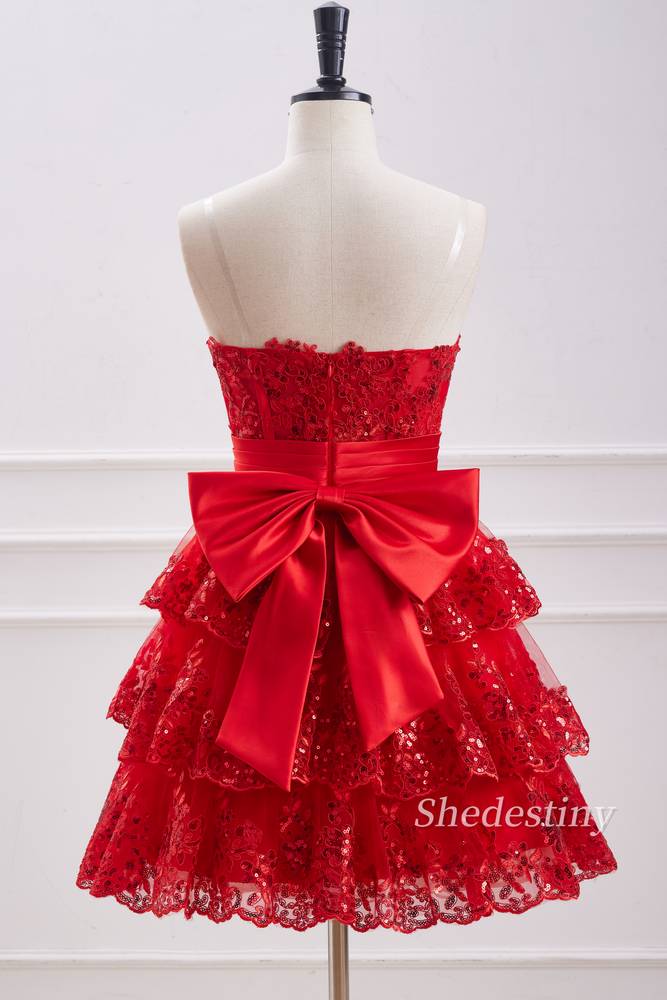 Red Sequins Strapless A-Line Homecoming Dress
